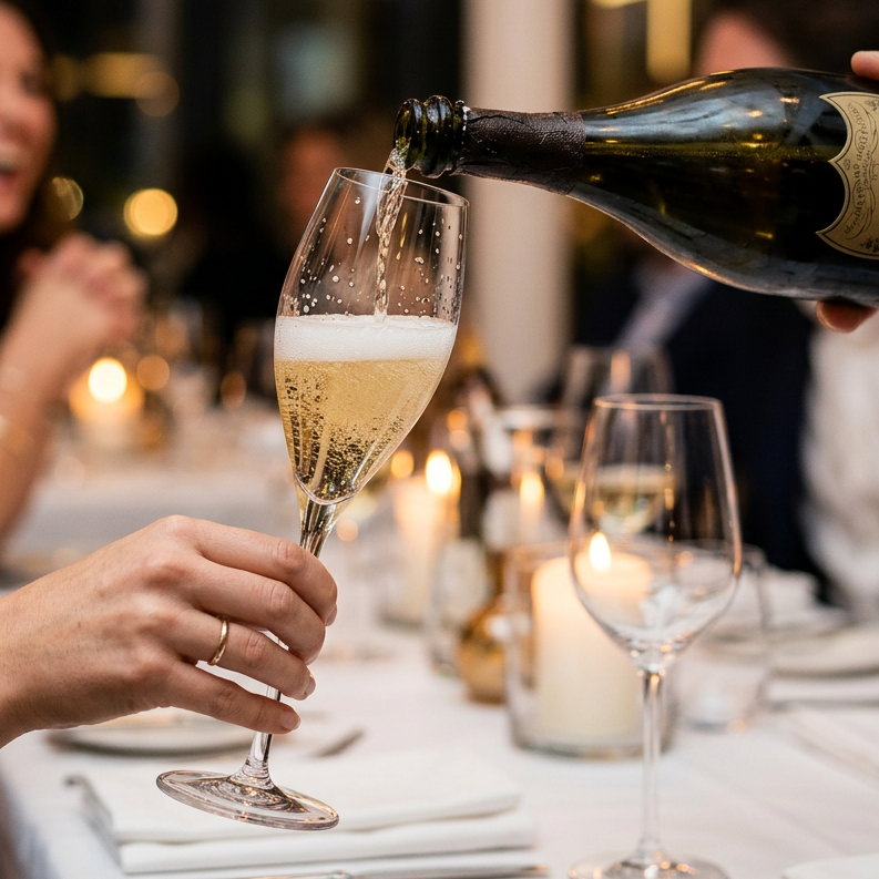 Hand holding a champagne flute while champagne is being poured into it