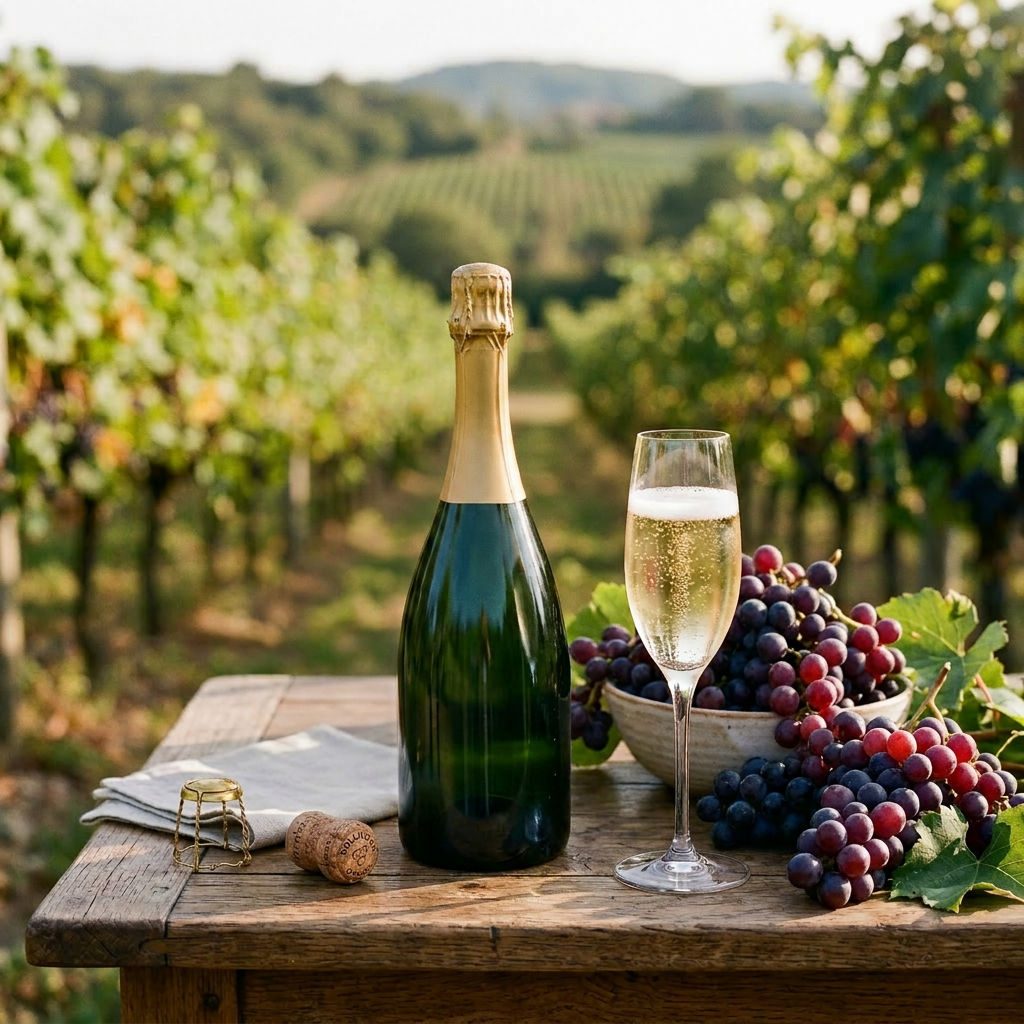 Bottles of Moët & Chandon and Bollinger champagne with grapes and a filled glass flute on a wooden table in a vineyard