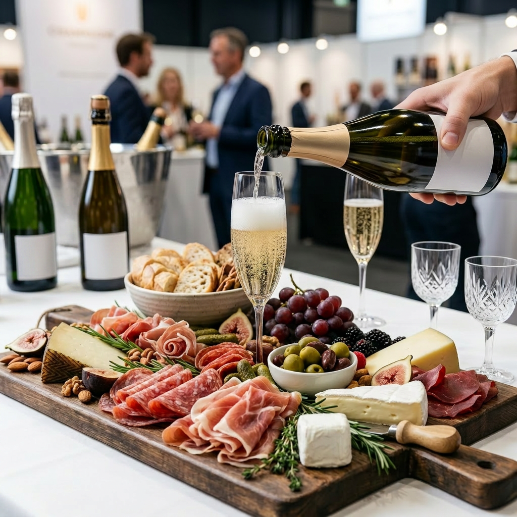 Charcuterie board with meats, cheeses, olives, fruits, nuts, bread, and honey